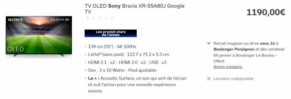 SONY  OLED  BRAVIA XR  TV OLED Sony Bravia XR-55A80J Google TV  Les produit stars  de l'année  • 139 cm (55") - 4K 100Hz  • LxHxP (sans pied): 122.7 x 71.2 x 5.3 cm  • HDMI 2.1: x2 - HDMI 2.0: x2- USB