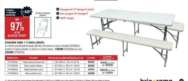 1 TABLE +2 BANCS ACHETÉS  -10  SOIT  97%20  LE LOT AU LIEU DE 107€20  Existe en chaise pliante  Ensemble table + 2 bancs pliants  En résine polyéthylène haute densité. Structure en acier émaillé (2175