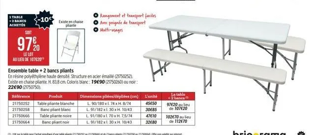 1 table +2 bancs achetés  -10  soit  97%20  le lot au lieu de 107€20  existe en chaise pliante  ensemble table + 2 bancs pliants  en résine polyéthylène haute densité. structure en acier émaillé (2175