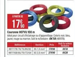 à partir de  17%  90  référence section prix 4811178/74/76/80/82 3g 1,5 mm² 4811168/66/70/72/64 3g 2,5 mm²  17690  27690  couronne h07vu 100 m  idéal pour circuit d'éclairage ou d'appareillage. colori