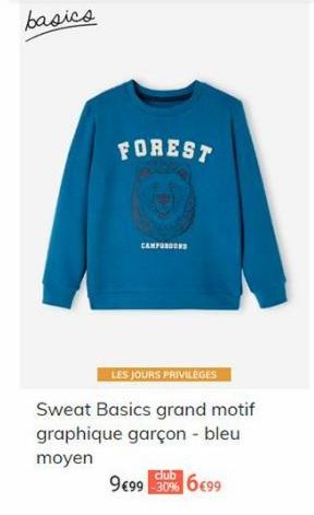 basics  FOREST  CAMPUS  LES JOURS PRIVILEGES  Sweat Basics grand motif graphique garçon - bleu moyen  club  9€99 30% 6€99  