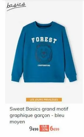 basics  forest  campus  les jours privileges  sweat basics grand motif graphique garçon - bleu moyen  club  9€99 30% 6€99  