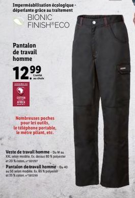 Imperméabilisation écologique - déperlante grâce au traitement  BIONIC FINISH ECO  Pantalon de travail homme  125  COTTON AFRICA  Nombreuses poches pour les outils,  le téléphone portable, le métre pl