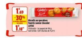 1.69 -30%  CASSE  Biscuits au speculoos  fourrés saveur chocolat  LOTUS  Soit le kilo:1,87 € Au Seu de 15,27 €  Lotus Bacoff 
