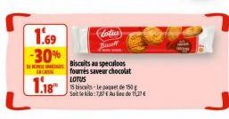 1.69 -30%  CASSE  Biscuits au speculoos  fourrés saveur chocolat  LOTUS  Soit le kilo:1,87 € Au Seu de 15,27 €  Lotus Bacoff 