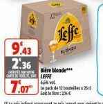 126  9.43  2.36  CARTES LEFFE  Jeffe  BLONDE  Bière blonde***  6,6% vol  7.07 te pack de 12 bouteilles d  Soit leite: 3,4 