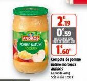 ANDROS POMME NATURE  MORCEAUX  2.19 0.59  S CARE OFFRESORT  1.60  Compote de pomme nature morceaux ANDROS  La pot de 10g Soit le bilo 2,96 € 