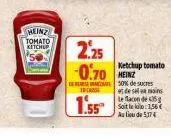 heinz tomato ketchup  2.25 -0.70  1.55  ketchup tomato heinz 50% de sucres des  mains  le flacon de 5 soit le : 1,56 € au lieu de 5,374 