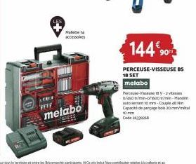 AEREA  Malte M accessoires  metabo  14490  PERCEUSE-VISSEUSE BS  18 SET melabo  Perceuse-V18V-2  0/450 min-0/1600/min-Mand auto 10mm-Couple Capacide perçage bois 20mm/mital  10 mm Code 