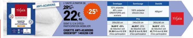 TISSAIA  COUETTE TRAITES ANTI-ACARENS  ANTI-ACARIENS  L'UNITÉ À PARTIR DE 29,95  -25%  22€  ,46  DONT 0,12 € D'ÉCO-PARTICIPATION MOBILIER COUETTE ANTI-ACARIENS GREENTOP 140X200 CM  Enveloppe 52% polye