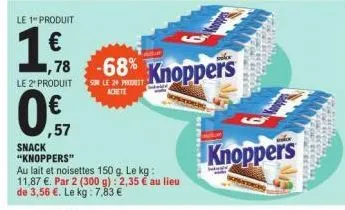 ,57  le 1 produit  1,78 68% knoppers  le 2 produit sur le 20 produt  achete  snack  "knoppers"  au lait et noisettes 150 g. le kg: 11,87 €. par 2 (300 g): 2,35 € au lieu de 3,56 €. le kg: 7,83 €  knop