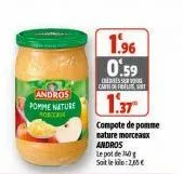 andros pomme nature morceau  1.96 0.59  credits cated file  1.37  compote de pomme  nature morceaux andros le pot de 10g soit le kilo:2,65 € 