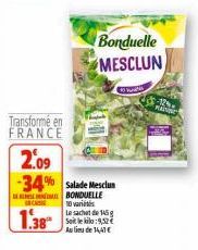 Transformé en  FRANCE  C  1.38  2.09  -34% Salade Mesclan  BONDUELLE  Bonduelle MESCLUN  10 vari  Le sachet de 145g  Au lieu de 14,41 €  to  RAINING 