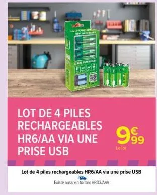 lot de 4 piles rechargeables  hr6/aa via une 999  le lot  prise usb  lot de 4 piles rechargeables hr6/aa via une prise usb existe aussi en format hr03/aaa 