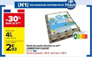 -30%  SUR LE 2 ME  Vendu seul  499  L':0,21€  Le 2 produt  293  (N1) DES MARQUES DISTRIBUTEUR Produits  Carbur  Oeufs de poules élevées au sol CARREFOUR CLASSIC  Par 20.  Soit les 2 produits: 7,12 € -