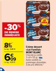 -30%  DE REMISE IMMÉDIATE  8%  Lekg: 5.80 €  €  699  Le kg: 4,06 €  MONT BLANC  MONT BLANC  OROL  MONT BLANC  Cecau  Crème dessert «Lot Familial MONT BLANC Chocolat ou vanille, 3x (4x125 g) Autres var