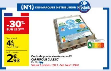 -30%  SUR LE 2 ME  Vendu seul  499  L':0,21€  Le 2 produt  293  (N1) DES MARQUES DISTRIBUTEUR Produits  Carbur  Oeufs de poules élevées au sol CARREFOUR CLASSIC  Par 20.  Soit les 2 produits: 7,12 € -