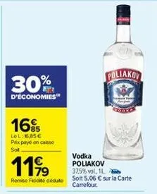 16%  lel: 16,85 € prix payé en caisse  soit  1199  vodka poliakov 37,5% vol, 1l  remise de dédute soit 5,06 € sur la carte carrefour.  m  poliakov 