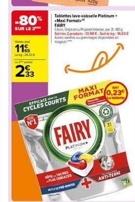 Vonau sou  11.  Lokg: 24,22 €  Le 2 produ  -80%  SUR LE 2  433  WYMA  N°1  Tablettes lave-vaisselle Platinum+ «Maxi Format.  FAIRY  Ctron, Original ou Propreté Intense, par 31, 481g Soit les 2 produit