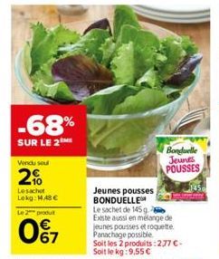 -68%  SUR LE 2  Vendu seul  2%  Le sachet Lokg: 148€  Le 2 produt  067  Bonduelle Jeunes POUSSES  Jeunes pousses BONDUELLE  Le sachet de 145 ga Existe aussi en mélange de jeunes pousses et roquette Pa