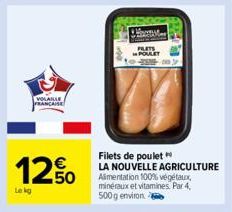 VOLAILLE  FRANCAISE  1250  Le kg  POULET  Filets de poulet  LA NOUVELLE AGRICULTURE Alimentation 100% végétaux, minéraux et vitamines. Par 4, 500g environ 
