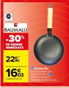 BAUMALU  -30%  DE REMISE IMMEDIATE  2,2%  16%3  La pole ©20 cm  8 Gamme Roc  En fonte émaillée avec manche en bois Offérents diamètres deponibles à différents prox 