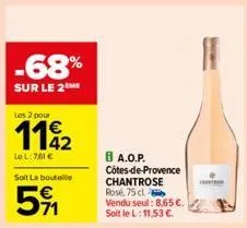 -68%  sur le 2me  los 2 pour  1142  lel:7,61 €  soit la bouteille  5%  ba.o.p. côtes-de-provence  chantrose rose, 75 cl  vendu seul: 8,65 €. soit le l: 11,53 €. 