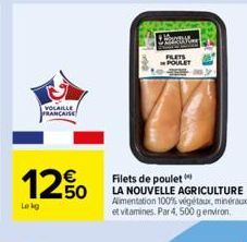 VOLAILLE FRANCAISE  1250  Lekg  FLETS POULET  Filets de poulet  LA NOUVELLE AGRICULTURE Alimentation 100% végétaux, minéraux et vitamines. Par 4,500g environ. 