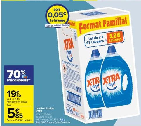 19%  LeL: 3,44 € Prix payé en caisse  Solt  70%  D'ÉCONOMIES™  €  585  SOIT  0,05€ Le lavage Remise Fidélité déduite  Lessive liquide XTRA Total Fraicheur  ou Marseille Aloe.  Remise Fidélité déduite 