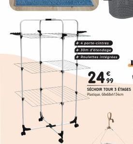 4 porte-cintres  30m d'étendage +Roulettes intégrées  2499  SÉCHOIR TOUR 3 ÉTAGES Plastique, 68x68x134cm 