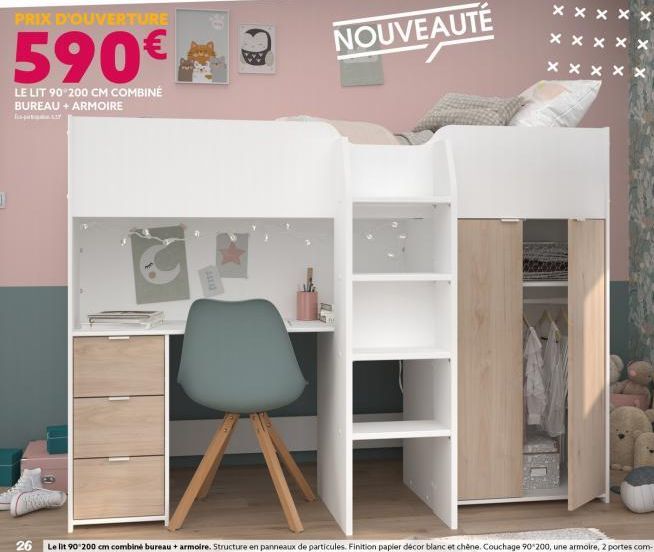 PRIX D'OUVERTURE  590€  LE LIT 90-200 CM COMBINÉ BUREAU + ARMOIRE  and  p  NOUVEAUTÉ  X  X  X  X  X  X  X  X  X 