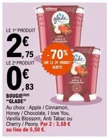 bougie "glade"  le 1 produit  2€  le 2" produit  0,€3  ,83  glade  ,75 -70%  apple  cinnamon  sur le 20 produit achete  case apple oharr  au choix: apple / cinnamon, honey/ chocolate, i love you, vani