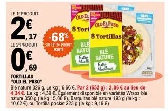 le 1" produit  2€  le 2º produit  0€  69  ,17 -68%  tortillas "old el paso"  blé nature 326 g. le kg: 6,66 €. par 2 (652 g): 2,86 € au lieu de 4,34 €. le kg: 4,39 €. également disponible en variétés w