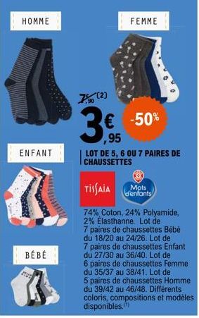 HOMME  ENFANT  K  BÉBÉ  7 (2)  FEMME  € -50% ,95  LOT DE 5, 6 OU 7 PAIRES DE CHAUSSETTES  TISSAIA  74% Coton, 24% Polyamide, 2% Elasthanne. Lot de 7 paires de chaussettes Bébé du 18/20 au 24/26. Lot d