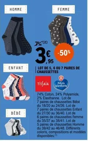 homme  enfant  k  bébé  7 (2)  femme  € -50% ,95  lot de 5, 6 ou 7 paires de chaussettes  tissaia  74% coton, 24% polyamide, 2% elasthanne. lot de 7 paires de chaussettes bébé du 18/20 au 24/26. lot d