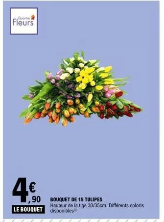 quartier  fleurs  4€  ,90  le bouquet  bouquet de 15 tulipes hauteur de la tige 30/35cm. différents coloris disponibles 