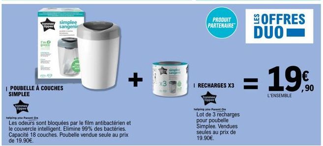 tomme  simplee Tippe sangenic  tomme tippee  I'mo green  POUBELLE À COUCHES SIMPLEE  +  helping you Parent On  Les odeurs sont bloquées par le film antibactérien et le couvercle intelligent. Elimine 9