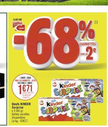 L'UNITÉ: 2650 PAR 2 JE CAGNOTTE: 1876 SOIT PAR 2 L'UNITE:  1€71  DEDUCTIONFARE DUMENTANT CANOTTE  Oeufs KINDER Surprise x 3 (60 g) Autres variétés disponibles Le kg: 43€17  Kinder  SURPRISE  Kinder  S