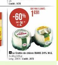 -60% 2*  SUR  Cuttin rians  A Le Crottin de chèvre RIANS 24% M.G.  2 x 60 g (120 g)  Le kg 22€75-L'unité: 2€73  SOIT PAR 2 LUNITE:  1€91  CIVIRE 