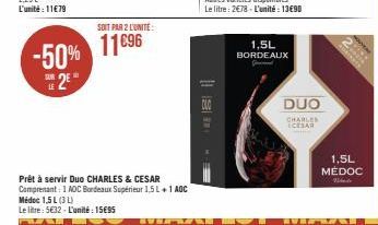 LE  2E  -50% 11896  SOIT PAR 2 L'UNITÉ:  1,5L  BORDEAUX  DUO  CHARLES  ICESAR  1,5L MÉDOC 