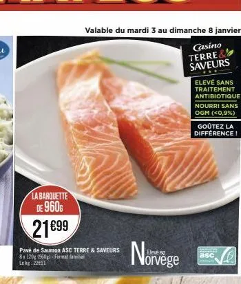 la barquette de 960g  21€99  valable du mardi 3 au dimanche 8 janvier  casino terre& saveurs  pavé de saumon asc terre & saveurs 8x 120g (960g)-format familial lekg 22€91  60  orvège  elevé sans trait