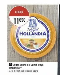 le kilo  11690  royal hollandia  g gouda jeune au cumin royal hollandia  31% mg lait pasteurisé de vache 