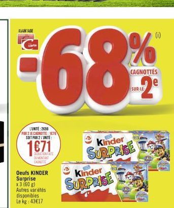 L'UNITÉ: 2650 PAR 2 JE CAGNOTTE: 1876 SOIT PAR 2 L'UNITE:  1€71  DEDUCTIONFARE DUMENTANT CANOTTE  Oeufs KINDER Surprise x 3 (60 g) Autres variétés disponibles Le kg: 43€17  Kinder  SURPRISE  Kinder  S