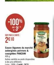 -100% 3⁰  soit par 3 l'unité:  2€10  sauce légumes du marché aubergines poivrons & courgettes panzani  400 g  autres variétés ou poids disponibles à des prix différents  lekg: 788-l'unité:3€15  panzan