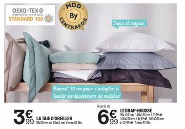 OEKO-TEX®  CONFIDENCE IN TEXTILE  STANDARD 100  MDD By  LA TAIE D'OREILLER  99 son ou 63 cm. Coton 57 fils.  Bannet 30 cm pour s'adapter à toutes les épaisseurs de matelas  A partir de  99  Daux et so