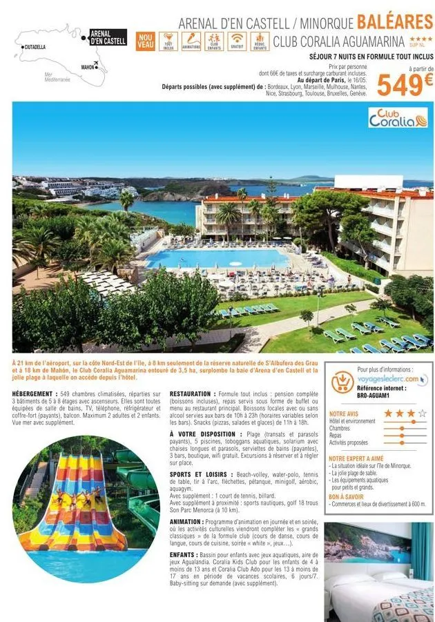 ciutadella  mer  mediterranée  arenal d'en castell  mahon  nou  veau inclus  arenal d'en castell/minorque baleares  club coralia aguamarina  séjour 7 nuits en formule tout inclus prix par personne don