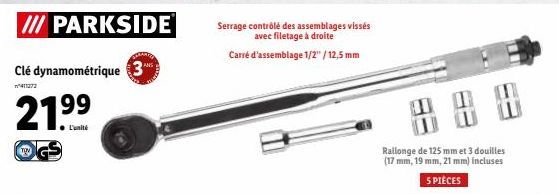 /// PARKSIDE  Clé dynamométrique 3  411272  21.⁹9  Serrage contrôle des assemblages vissés avec filetage à droite  Carré d'assemblage 1/2" /12,5 mm  Rallonge de 125 mm et 3 douilles (17 mm, 19 mm, 21 