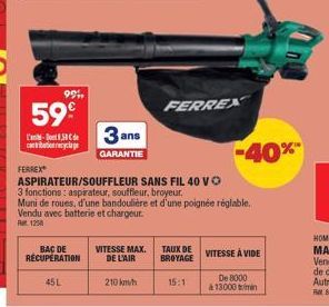 FERREX  59€  -50 contribution recyclage  991,  45L  BAC DE RÉCUPÉRATION  3 ans  GARANTIE  VITESSE MAX. DE L'AIR  210 km/h  15:1  ASPIRATEUR/SOUFFLEUR SANS FIL 40 Vo  3 fonctions: aspirateur, souffleur