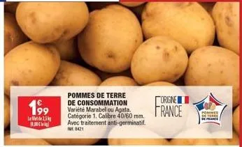 199  2,5  18.3  pommes de terre de consommation variété marabel ou agata. catégorie 1. calibre 40/60 mm. avec traitement anti-germinatif. 8421  origine france  pommer de terre france 