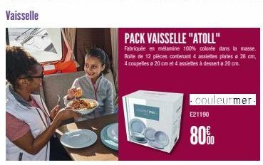 PACK VAISSELLE "ATOLL"  Fabriquée en métamine 100% colorée dans la masse.  Boite de 12 pièces contenant 4 assiettes plates  28 cm, 4 coupelles 20 cm et 4 assiettes à dessert a 20 cm.  E21190  couleurm